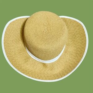 Scala Collezione Handcrafted Tan Straw Wide Brim Sun Hat White Trim One Size